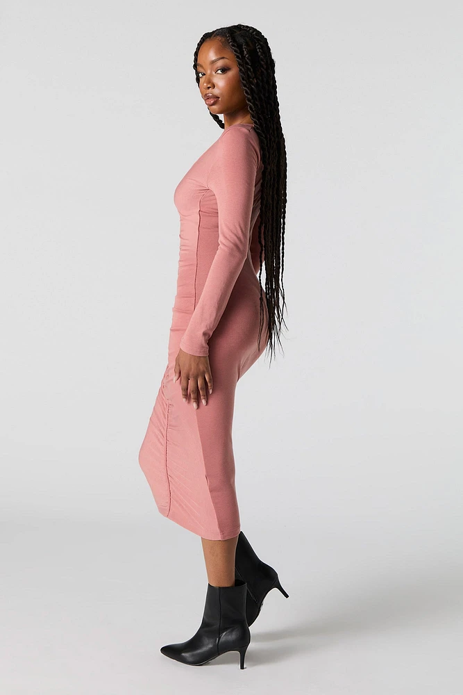 Ruched V-Neck Long Sleeve Midi Dress