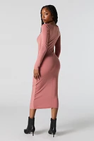 Ruched V-Neck Long Sleeve Midi Dress