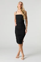 Mesh Ruched Slit Midi Dress