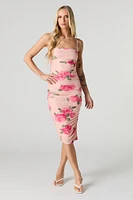 Mesh Ruched Slit Midi Dress