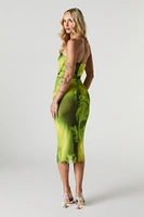 Floral Mesh Ruched Midi Tube Dress