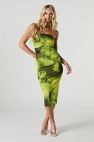 Floral Mesh Ruched Midi Tube Dress