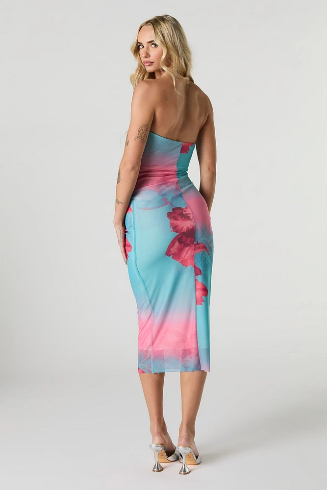 Floral Mesh Ruched Midi Tube Dress