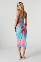 Floral Mesh Ruched Midi Tube Dress