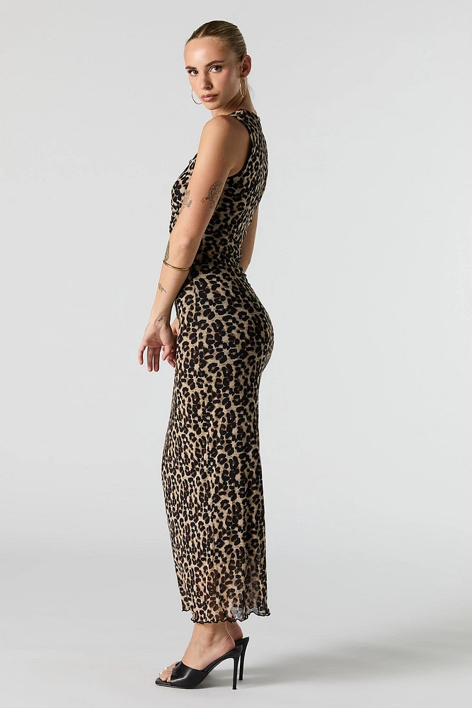 Printed Mesh High Neck Sleeveless Maxi Dress