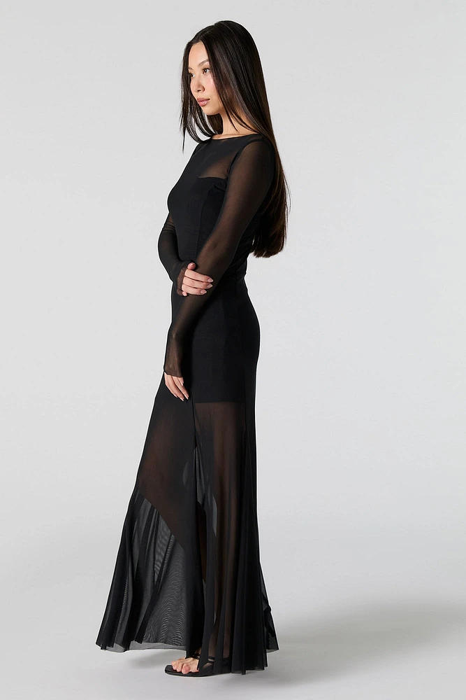 Mesh Insert Long Sleeve Maxi Dress