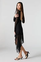 Mesh Insert Long Sleeve Asymmetrical Midi Dress