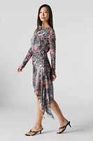 Mesh Insert Long Sleeve Asymmetrical Midi Dress