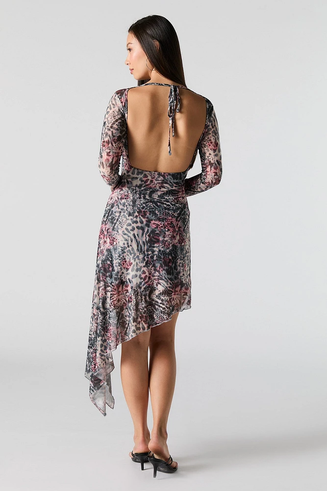 Mesh Insert Long Sleeve Asymmetrical Midi Dress