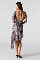 Mesh Insert Long Sleeve Asymmetrical Midi Dress