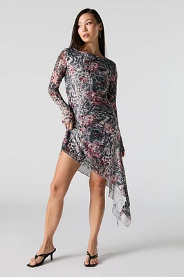Mesh Insert Long Sleeve Asymmetrical Midi Dress