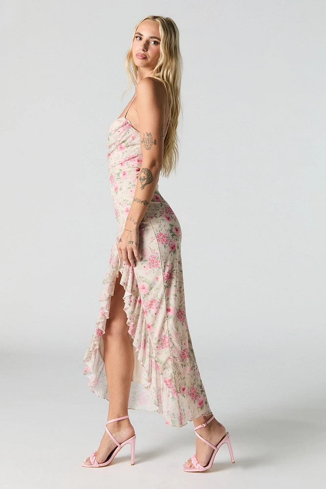 Floral Mesh Bustier Ruffled Maxi Dress