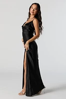 Satin Cowl Neck Slit Maxi Dress