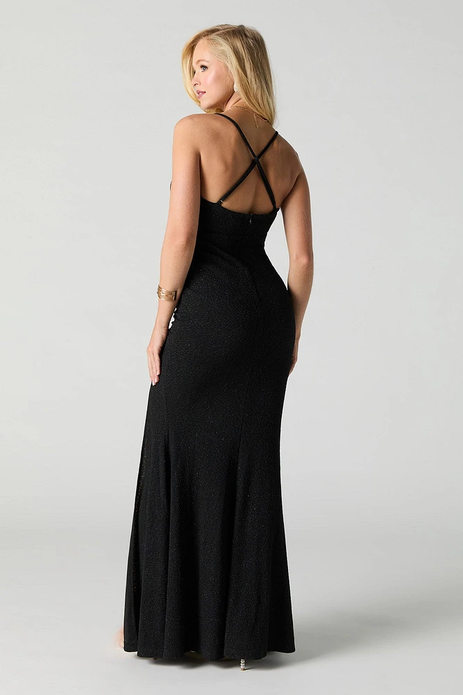 Sparkle Surplice Ruched Slit Maxi Dress