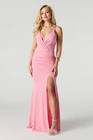 Sparkle Surplice Ruched Slit Maxi Dress