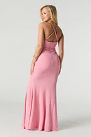 Sparkle Surplice Ruched Slit Maxi Dress