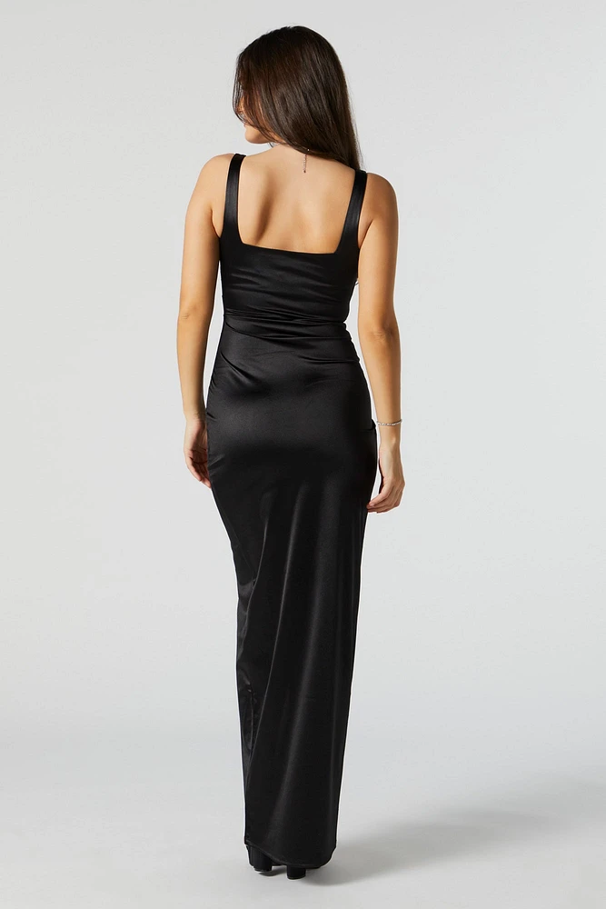 Satin Square Neck Maxi Wrap Dress