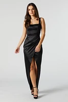 Satin Square Neck Maxi Wrap Dress