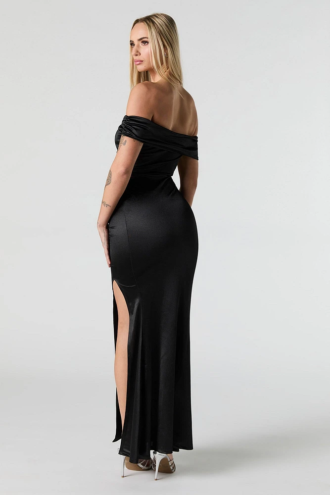 Faux Silk Off Shoulder Satin Maxi Dress