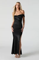 Faux Silk Off Shoulder Satin Maxi Dress