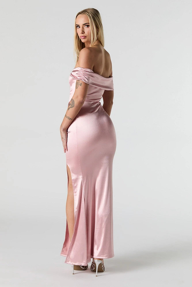 Faux Silk Off Shoulder Satin Maxi Dress