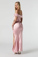 Faux Silk Off Shoulder Satin Maxi Dress