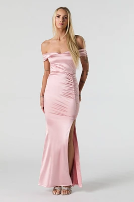 Faux Silk Off Shoulder Satin Maxi Dress