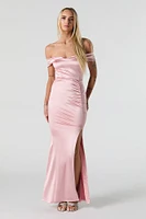 Faux Silk Off Shoulder Satin Maxi Dress