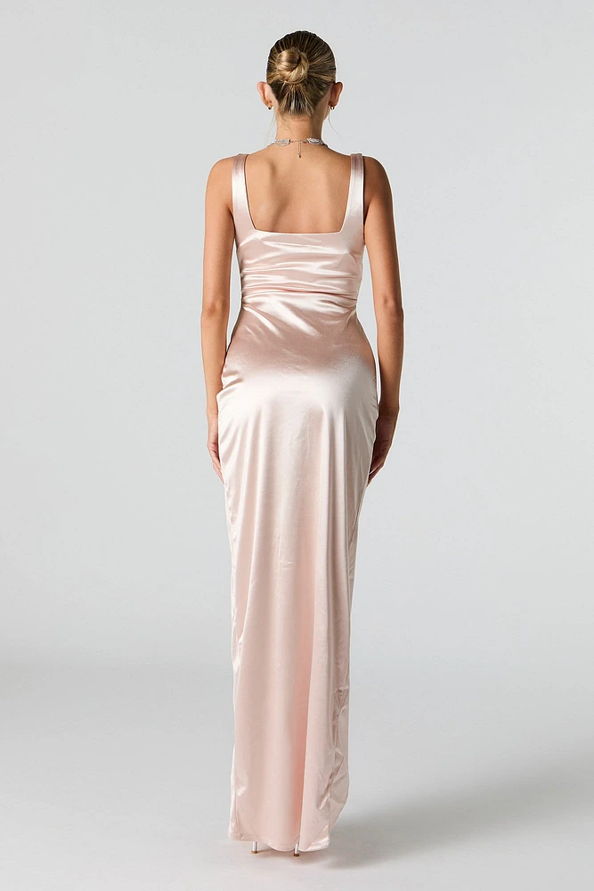 Satin Ruched Corset Maxi Wrap Dress