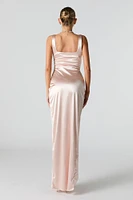 Satin Ruched Corset Maxi Wrap Dress