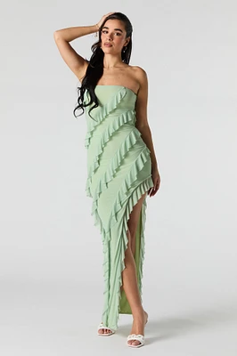 Ruffled Asymmetrical Strapless Maxi Dress