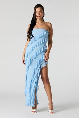 Ruffled Asymmetrical Strapless Maxi Dress