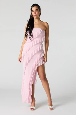 Ruffled Asymmetrical Strapless Maxi Dress