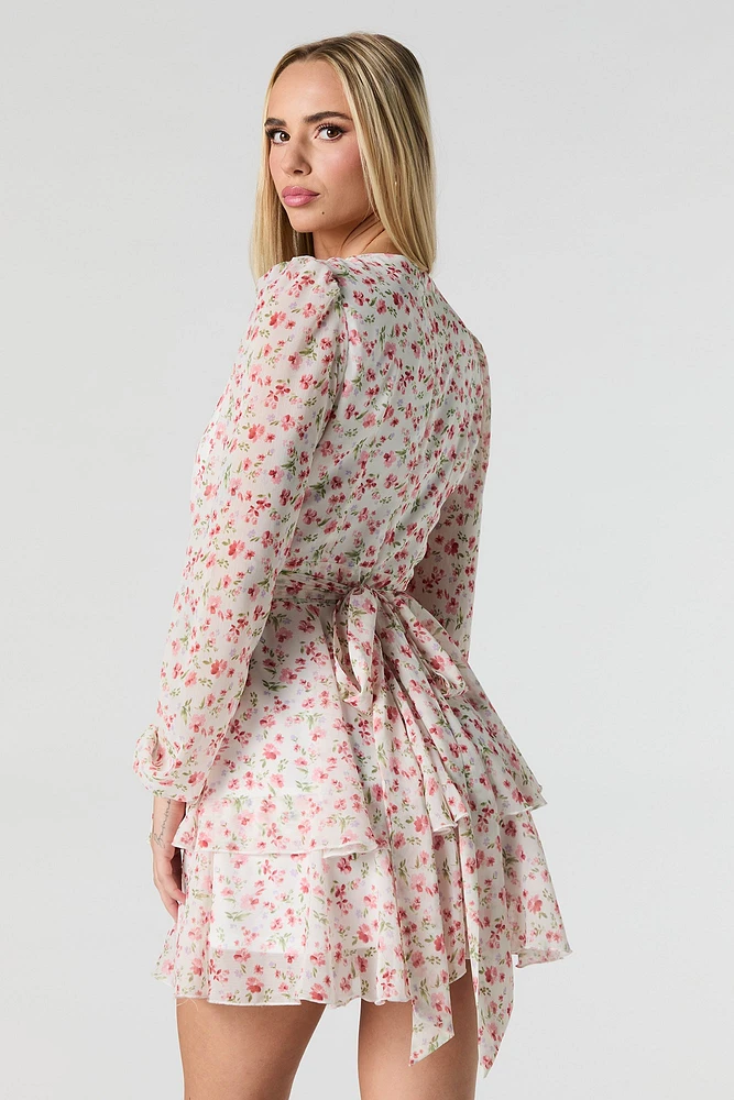 Floral Longsleeve Flowy Chiffon Mini Dress
