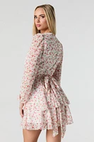 Floral Longsleeve Flowy Chiffon Mini Dress