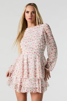 Floral Longsleeve Flowy Chiffon Mini Dress