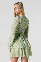 Floral Longsleeve Flowy Chiffon Mini Dress