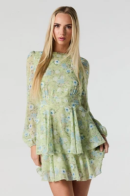 Floral Longsleeve Flowy Chiffon Mini Dress