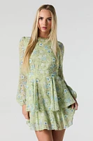 Floral Longsleeve Flowy Chiffon Mini Dress