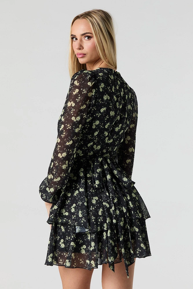 Floral Longsleeve Flowy Chiffon Mini Dress