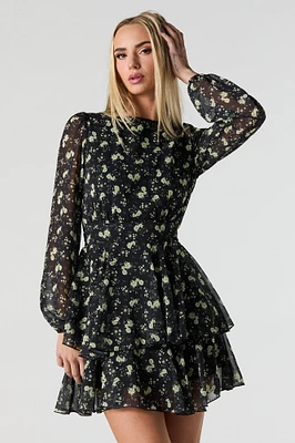 Floral Longsleeve Flowy Chiffon Mini Dress