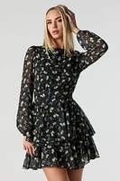 Floral Longsleeve Flowy Chiffon Mini Dress