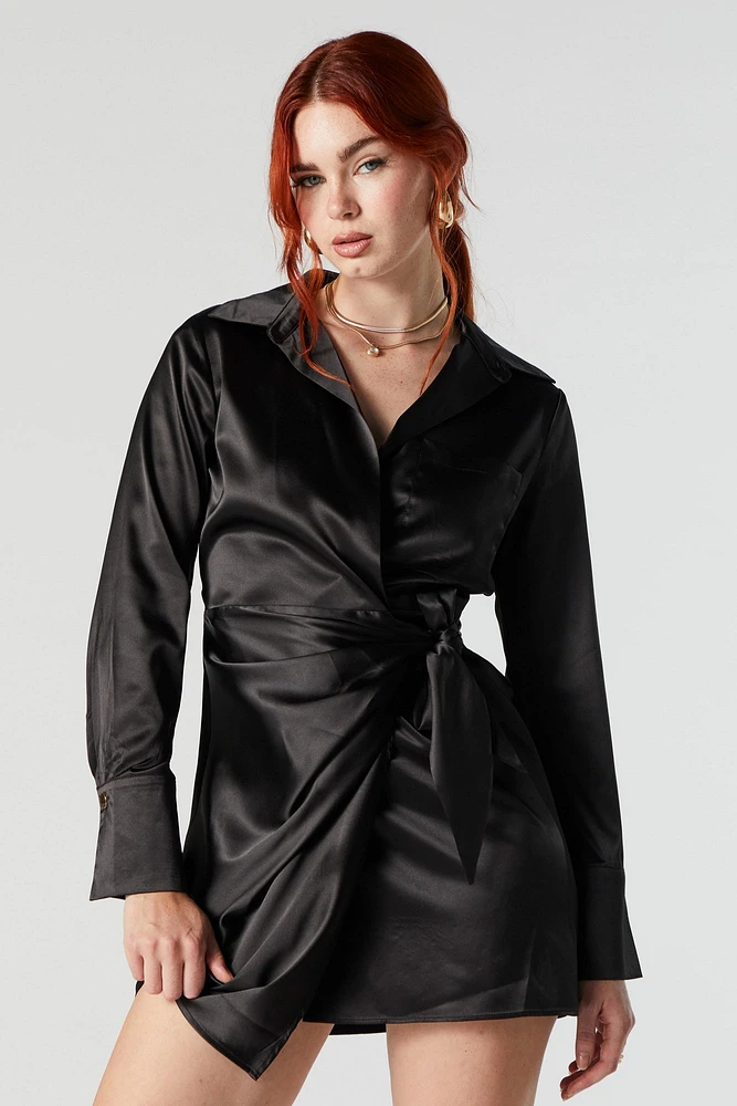 Satin Long Sleeve Wrap Dress