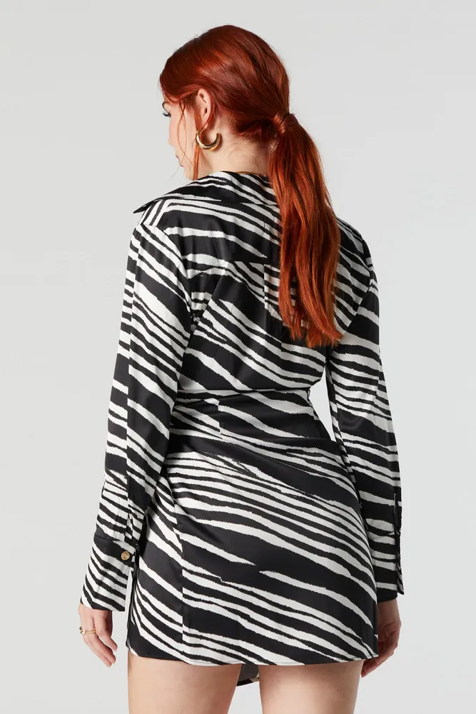 Satin Zebra Print Long Sleeve Wrap Dress