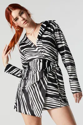 Satin Zebra Print Long Sleeve Wrap Dress