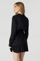 Black Collared Button-Up Long Sleeve Mini Dress