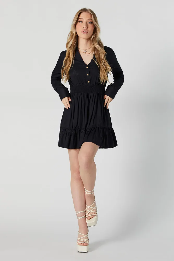 Black Collared Button-Up Long Sleeve Mini Dress