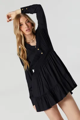 Black Collared Button-Up Long Sleeve Mini Dress