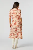 Floral Chiffon V-Neck Quarter Sleeve Midi Dress