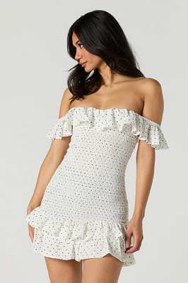 Off Shoulder Smocked Ruffle Mini Dress